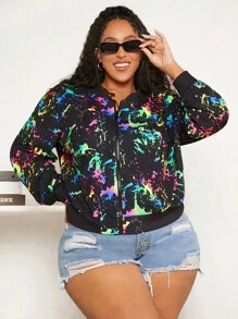 SHEIN CURVE+ Plus Splash Ink Print Bomber Jacket - Multicolor - View 4