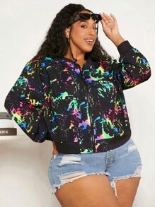 SHEIN CURVE+ Plus Splash Ink Print Bomber Jacket - Multicolor - View 6