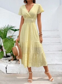 SHEIN VCAY 素色荷葉袖荷葉邊連衣裙 - 黃色 - 查看 6