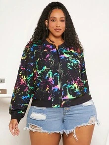 SHEIN CURVE+ Plus Splash Ink Print Bomber Jacket - Multicolor - View 5