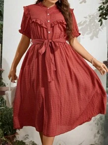 SHEIN Franclia Đầm Plus Size Thắt lưng viền lá sen Nút phía trước màu trơn Giải trí - Gỗ đỏ - Xem 1