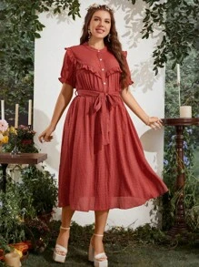 SHEIN Franclia Đầm Plus Size Thắt lưng viền lá sen Nút phía trước màu trơn Giải trí - Gỗ đỏ - Xem 5