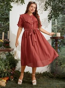 SHEIN Franclia Đầm Plus Size Thắt lưng viền lá sen Nút phía trước màu trơn Giải trí - Gỗ đỏ - Xem 6
