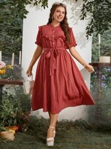 SHEIN Franclia Đầm Plus Size Thắt lưng viền lá sen Nút phía trước màu trơn Giải trí - Gỗ đỏ - Xem 7