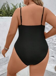 SHEIN Unity 大碼心环相连鏤空吊帶連體衣 - 黑色 - 查看 2