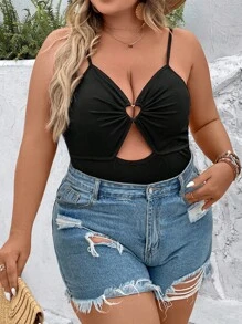 SHEIN Unity 大碼心环相连鏤空吊帶連體衣 - 黑色 - 查看 3