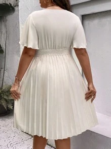 SHEIN Holidaya Plus Surplice Neck Butterfly Sleeve Pleated Hem Dress - Apricot - View 2