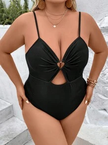 SHEIN Unity 大碼心环相连鏤空吊帶連體衣 - 黑色 - 查看 6