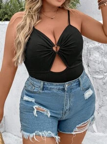 SHEIN Unity 大碼心环相连鏤空吊帶連體衣 - 黑色 - 查看 4