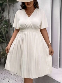 SHEIN Holidaya Plus Surplice Neck Butterfly Sleeve Pleated Hem Dress - Apricot - View 4