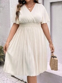 SHEIN Holidaya Plus Surplice Neck Butterfly Sleeve Pleated Hem Dress - Apricot - View 3