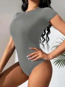 SHEIN Tall 素色圓領修身連體衣 - 灰色 - 查看 3