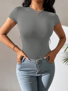 SHEIN Tall 素色圓領修身連體衣 - 灰色 - 查看 4