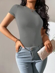 SHEIN Tall 素色圓領修身連體衣 - 灰色 - 查看 6