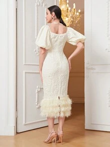 Modelyn Jacquard Notched Neckline Puff Sleeve Fuzzy Trim Split Back Bodycon Dress Long Evening Dresses - Beige - View 2