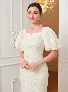 Modelyn Jacquard Notched Neckline Puff Sleeve Fuzzy Trim Split Back Bodycon Dress Long Evening Dresses - Beige - View 4