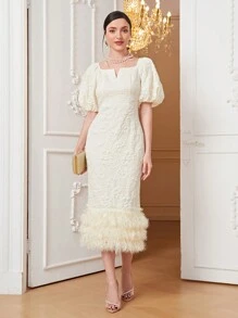 Modelyn Jacquard Notched Neckline Puff Sleeve Fuzzy Trim Split Back Bodycon Dress Long Evening Dresses - Beige - View 5