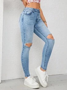 SHEIN EZwear Quần jean nữ Nút Túi Dây kéo Bị tách màu trơn - Rửa nhẹ - Xem 5