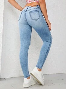 SHEIN EZwear Quần jean nữ Nút Túi Dây kéo Bị tách màu trơn - Rửa nhẹ - Xem 2