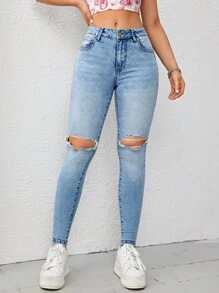 SHEIN EZwear Quần jean nữ Nút Túi Dây kéo Bị tách màu trơn - Rửa nhẹ - Xem 3