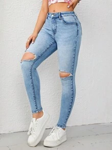 SHEIN EZwear Quần jean nữ Nút Túi Dây kéo Bị tách màu trơn - Rửa nhẹ - Xem 4