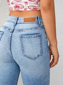 SHEIN EZwear Quần jean nữ Nút Túi Dây kéo Bị tách màu trơn - Rửa nhẹ - Xem 6