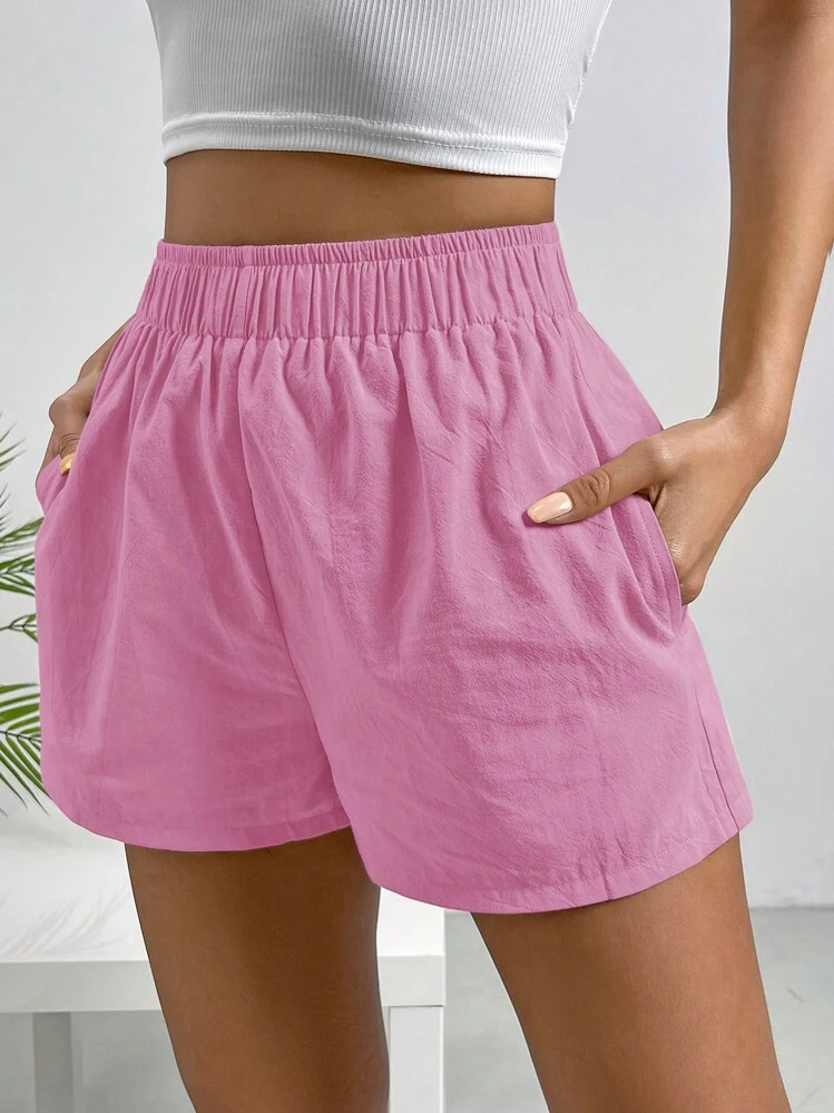 SHEIN EZwear Solid Elastic Waist Shorts - Hot Pink - View 4