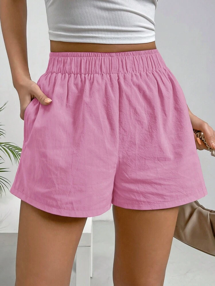 SHEIN EZwear Solid Elastic Waist Shorts - Hot Pink - View 5