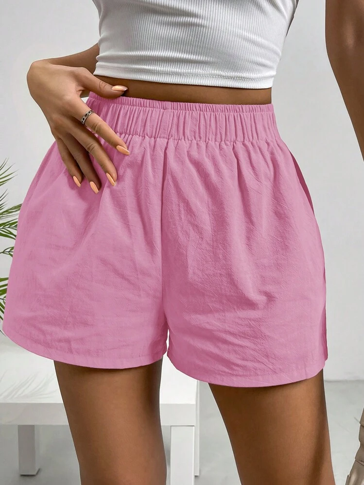 SHEIN EZwear Solid Elastic Waist Shorts - Hot Pink - View 7