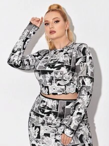 Spookish Delight Hơn Đồ họa Hoạt hình Áo phông Crop - Đen và trắng - Xem 1