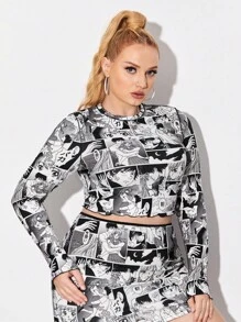 Spookish Delight Hơn Đồ họa Hoạt hình Áo phông Crop - Đen và trắng - Xem 3