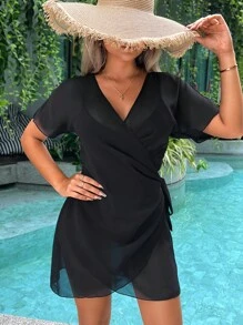 Swim Vcay Summer Beach Solid Knot Side Kimono - Black - View 4