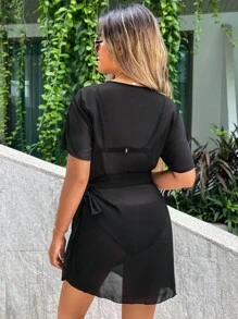 Swim Vcay Summer Beach Solid Knot Side Kimono - Black - View 2