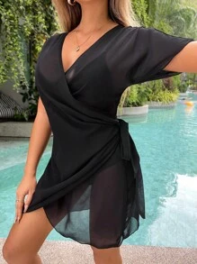 Swim Vcay Summer Beach Solid Knot Side Kimono - Black - View 1