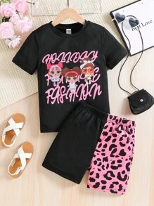 SHEIN Girls Letter & Figure Graphic Tee & Leopard Print Shorts - Multicolor - View 1