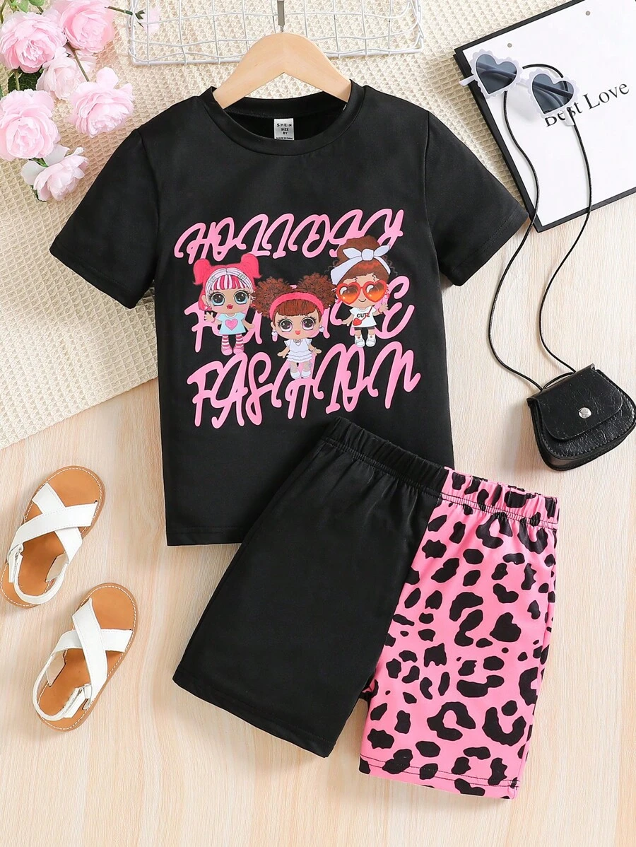 SHEIN Girls Letter & Figure Graphic Tee & Leopard Print Shorts - Multicolor - View 1
