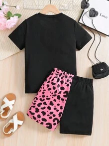 SHEIN Girls Letter & Figure Graphic Tee & Leopard Print Shorts - Multicolor - View 2