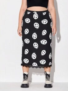 JoyandElle Artist Dark Plus Cartoon Graphic Lace Trim Elegant Skirt, For Summer, Holiday, Party, Vacation, Beach, Festival, Ibiza Fits, Western Wear
