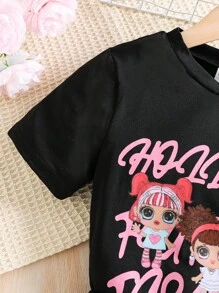 SHEIN Girls Letter & Figure Graphic Tee & Leopard Print Shorts - Multicolor - View 3