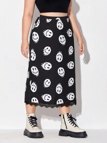 JoyandElle Artist Dark Plus Cartoon Graphic Lace Trim Elegant Skirt, For Summer, Holiday, Party, Vacation, Beach, Festival, Ibiza Fits, Western Wear