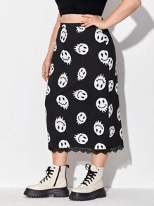 JoyandElle Artist Dark Plus Cartoon Graphic Lace Trim Elegant Skirt, For Summer, Holiday, Party, Vacation, Beach, Festival, Ibiza Fits, Western Wear