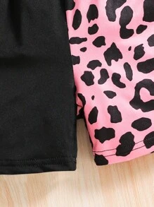 SHEIN Girls Letter & Figure Graphic Tee & Leopard Print Shorts - Multicolor - View 5
