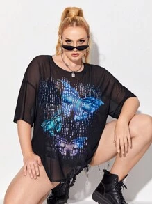 Alaynsia 大碼蝴蝶圖案落肩袖網紗上衣不附胸罩 - 黑色 - 查看 6