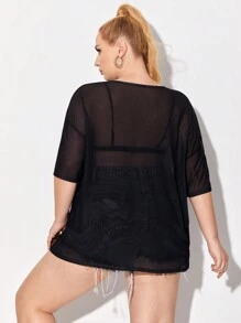 Alaynsia 大碼蝴蝶圖案落肩袖網紗上衣不附胸罩 - 黑色 - 查看 2