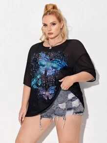 Alaynsia 大碼蝴蝶圖案落肩袖網紗上衣不附胸罩 - 黑色 - 查看 1