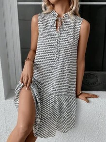 SHEIN LUNE 滿版印花繫帶領荷葉邊連衣裙 - 白色 - 查看 1