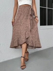 SHEIN LUNE 斑點印花荷葉邊圍裹側打結半身裙 - 咖啡棕 - 查看 4