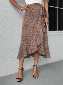 SHEIN LUNE 斑點印花荷葉邊圍裹側打結半身裙 - 咖啡棕 - 查看 5