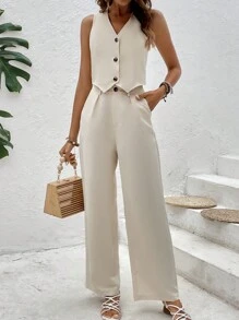 SHEIN VCAY 前紐扣夾克背心和闊腿褲 - 卡其色 - 查看 3