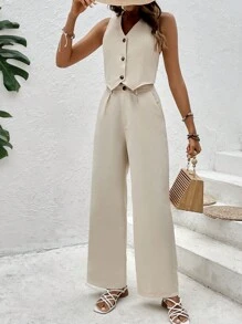 SHEIN VCAY 前紐扣夾克背心和闊腿褲 - 卡其色 - 查看 4